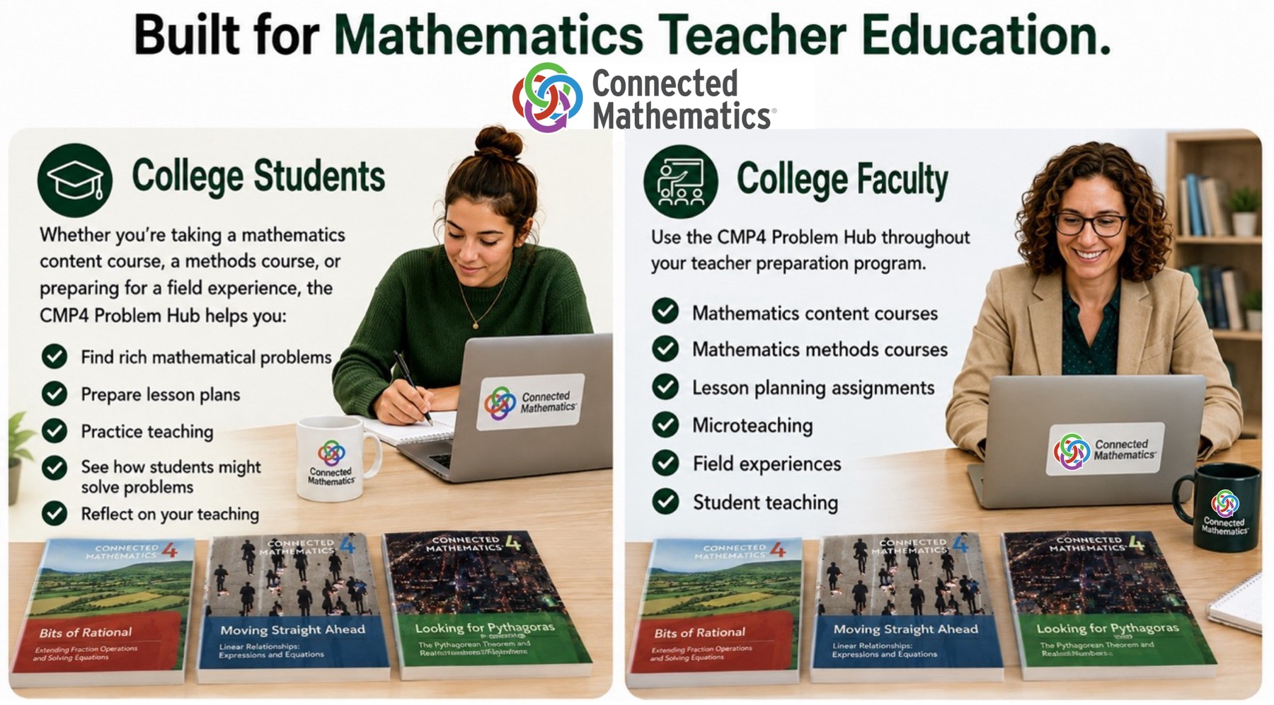 Built for Mathematics Teacher Education. College Students: whether you're taking a mathematics content course, a methods course, or preparing for a field experience, the CMP4 Problem Hub helps you find rich mathematical problems, prepare lesson plans, practice teaching, see how students might solve problems, and reflect on your teaching. College Faculty: use the CMP4 Problem Hub throughout your teacher preparation program — mathematics content courses, mathematics methods courses, lesson planning assignments, microteaching, field experiences, and student teaching.